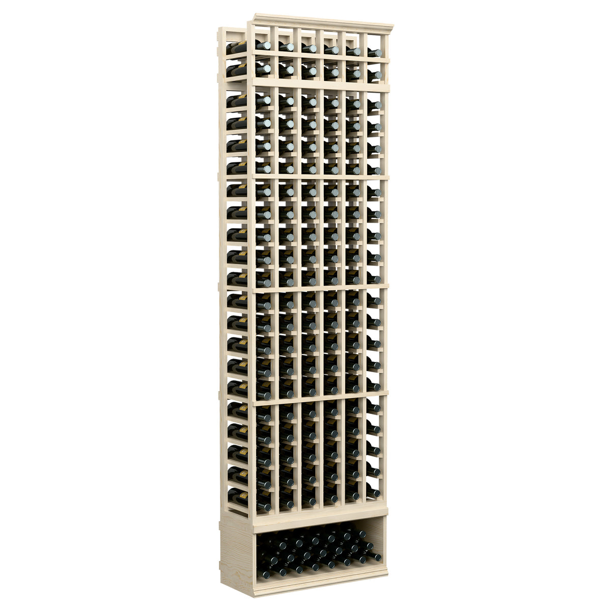6-column wine bottle rack, light wood finish with grid back and bottom bottle tray