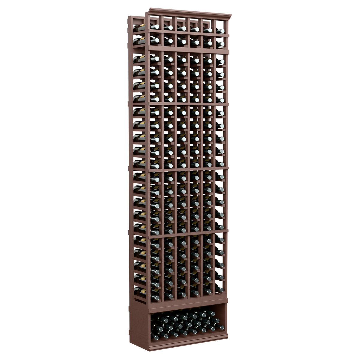 6-column wine bottle rack, dark wood frame with black inner rails and bottle slots