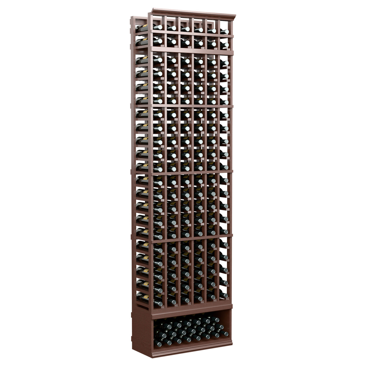 6-column wine bottle rack in dark finish, grid back with front bottle openings