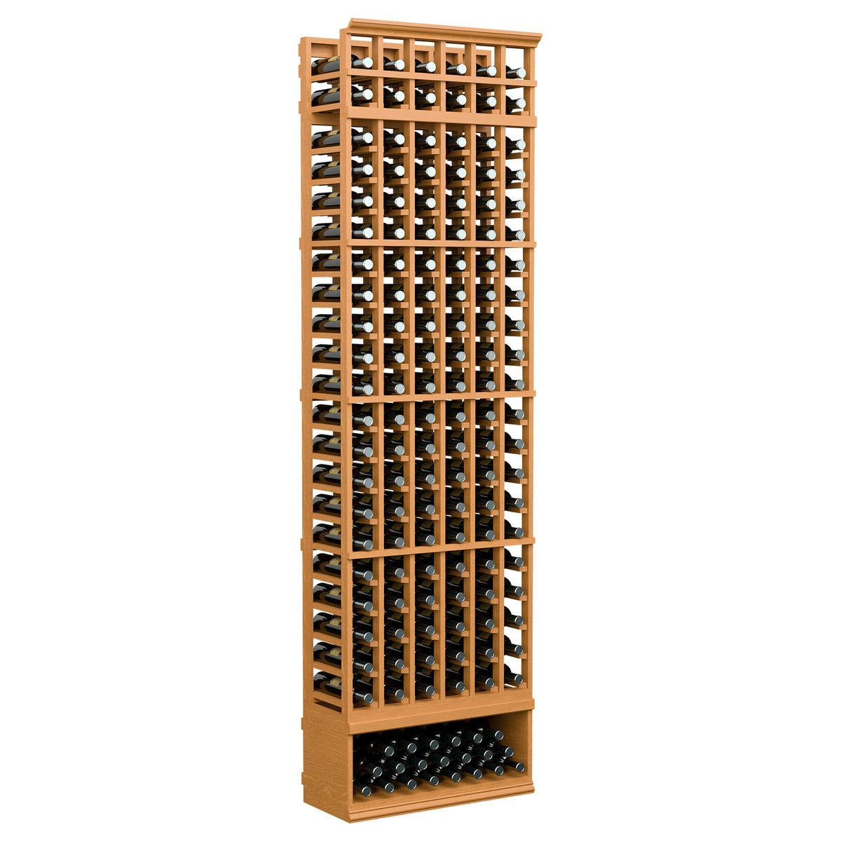 6-column wine bottle rack, warm natural wood frame with bottle rows and grid back