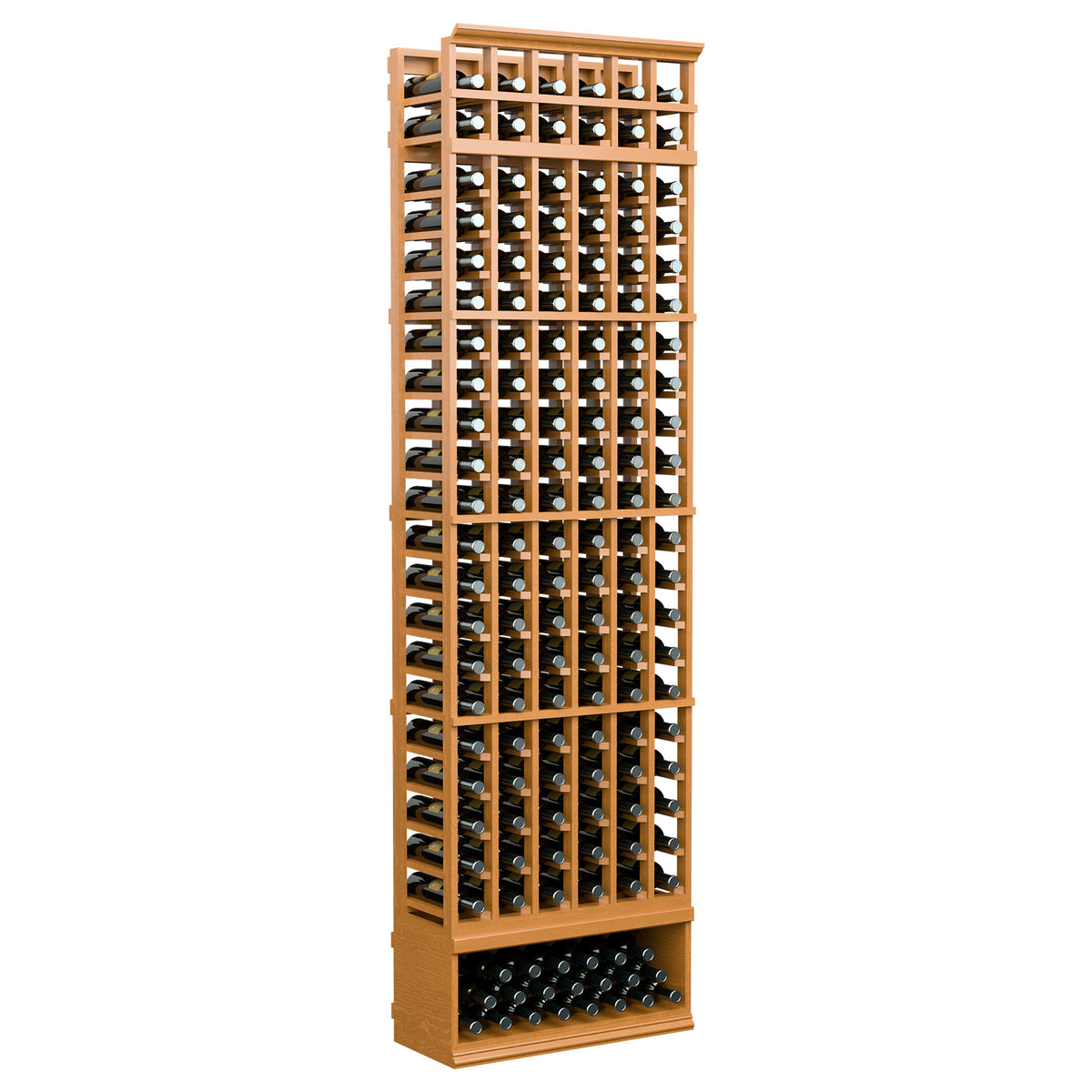 6-column wine bottle rack, honey wood finish with black inner rails and bottle slots