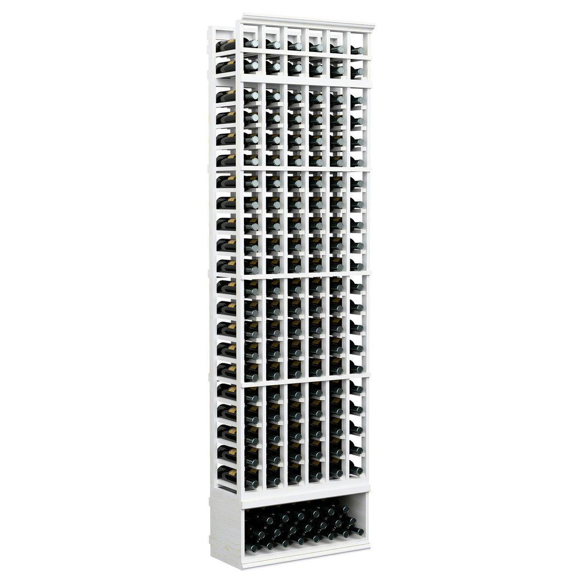 6-column wine bottle rack, whitewashed frame with black side rails and bottle rows