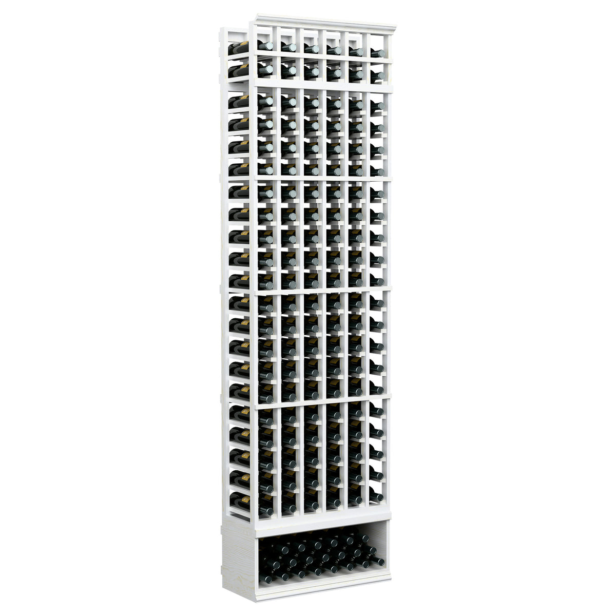 6-column wine bottle rack, white finish with grid back and bottom bottle storage tray