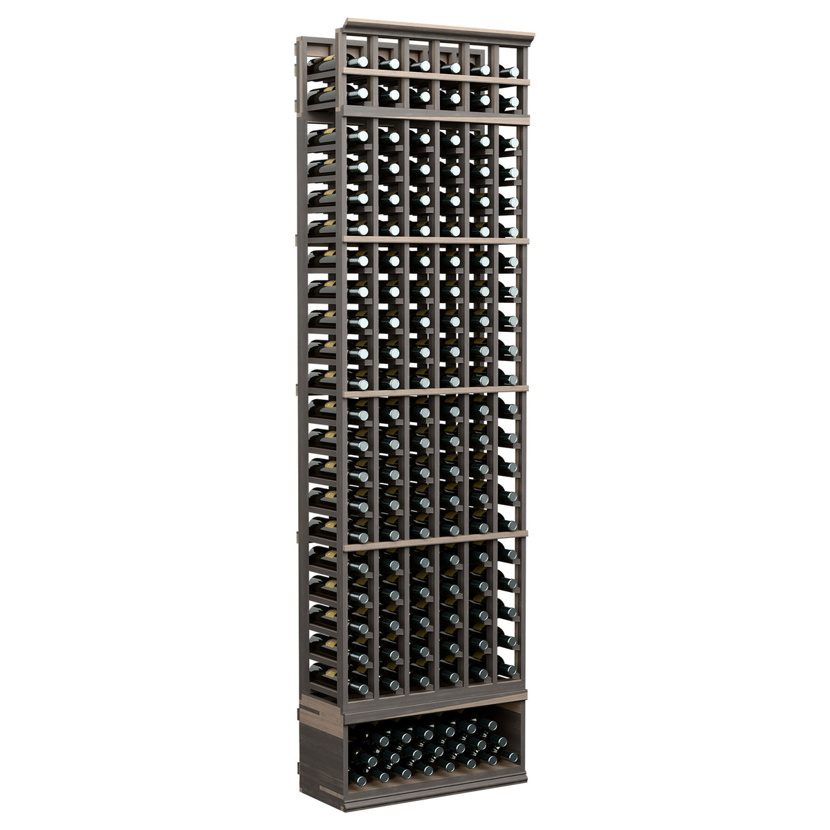 6-column wine bottle rack with dark gray frame, rows of bottle slots and top grid