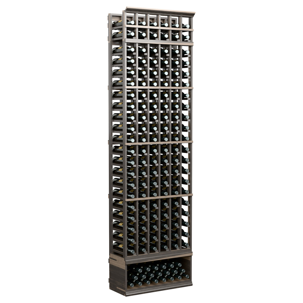 6-column wine bottle rack with charcoal-gray frame, evenly spaced bottle slots and top bars