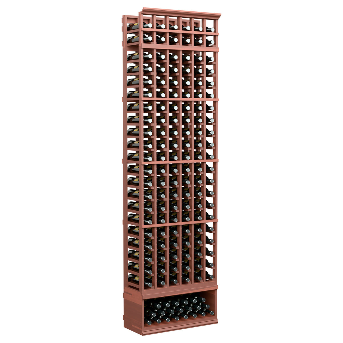 6-column wine bottle rack with red-brown wood frame, grid of bottle slots and bottom row