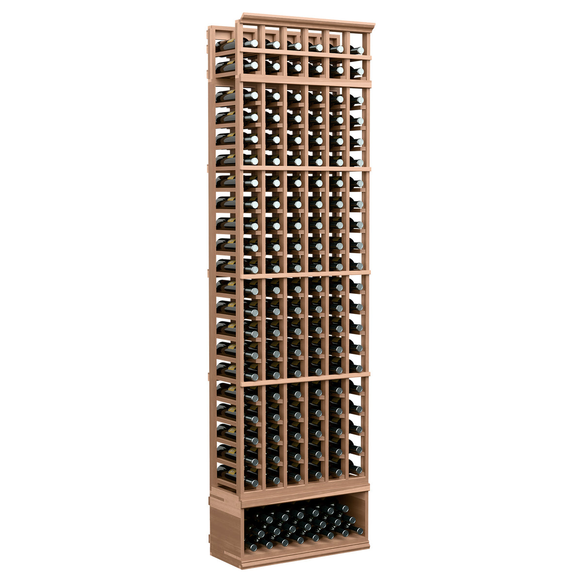 6-column wine bottle rack with light tan wood frame, bottle-slot grid and bottom bottle row