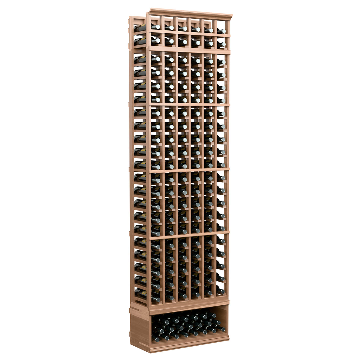 6-column wine bottle rack with pale wood frame, black dividers, and rows of bottle openings