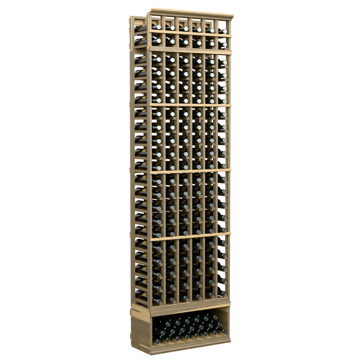 6-column wine bottle rack with natural light wood frame, bottle-slot grid and top shelf grid