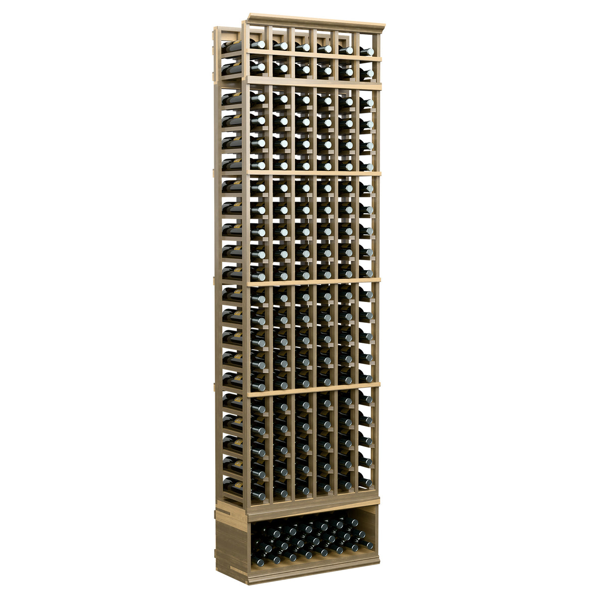 6-column wine bottle rack with light wood frame, bottle-slot lattice and stacked base row
