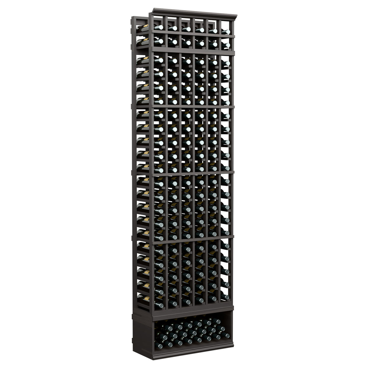6-column wine bottle rack with dark charcoal frame, multiple rows of bottle slots