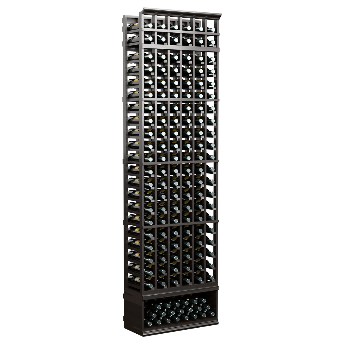 6-column wine bottle rack with dark gray frame, bottle-slot grid and base row for storage