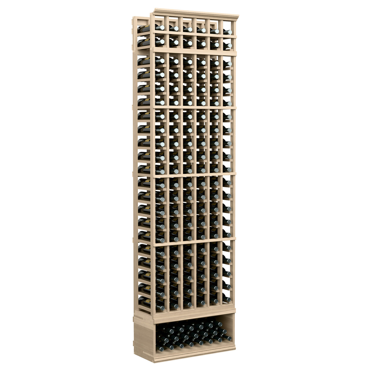 Light wood 6-column wine bottle rack, 8 ft tall, with black slats and bottle slots.