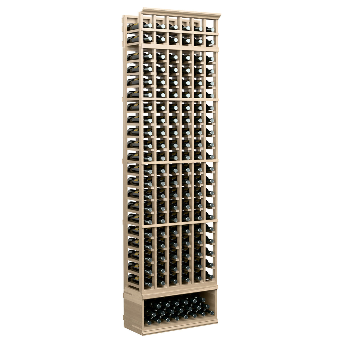 Light wood 6-column wine bottle rack, 8 ft tall, front display with bottle openings.