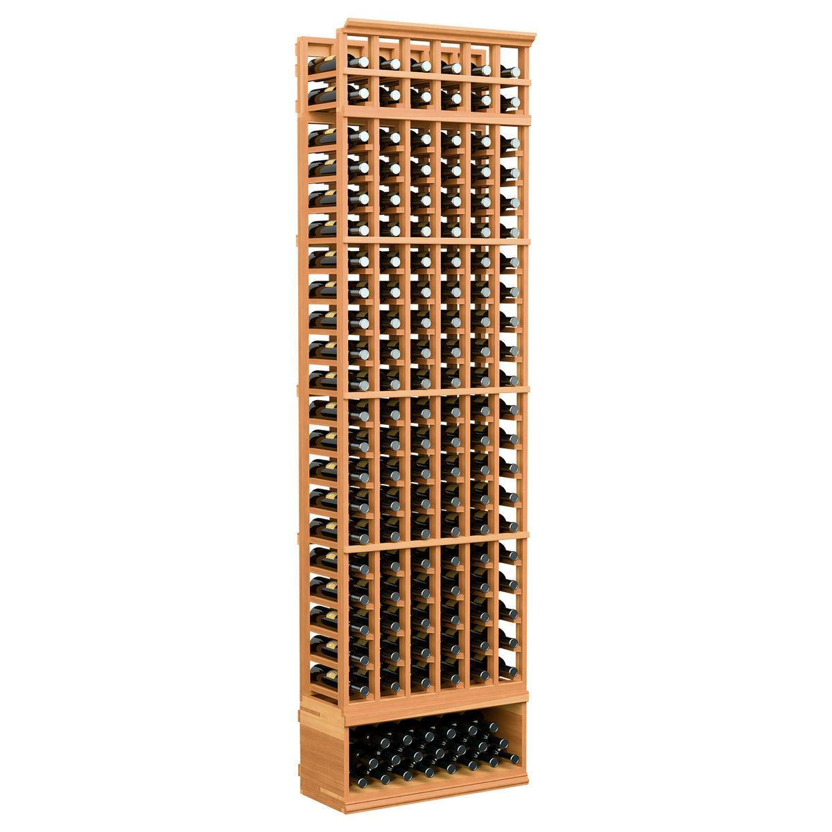Red-toned wood 6-column wine bottle rack, 8 ft tall, black slats and bottle slots.
