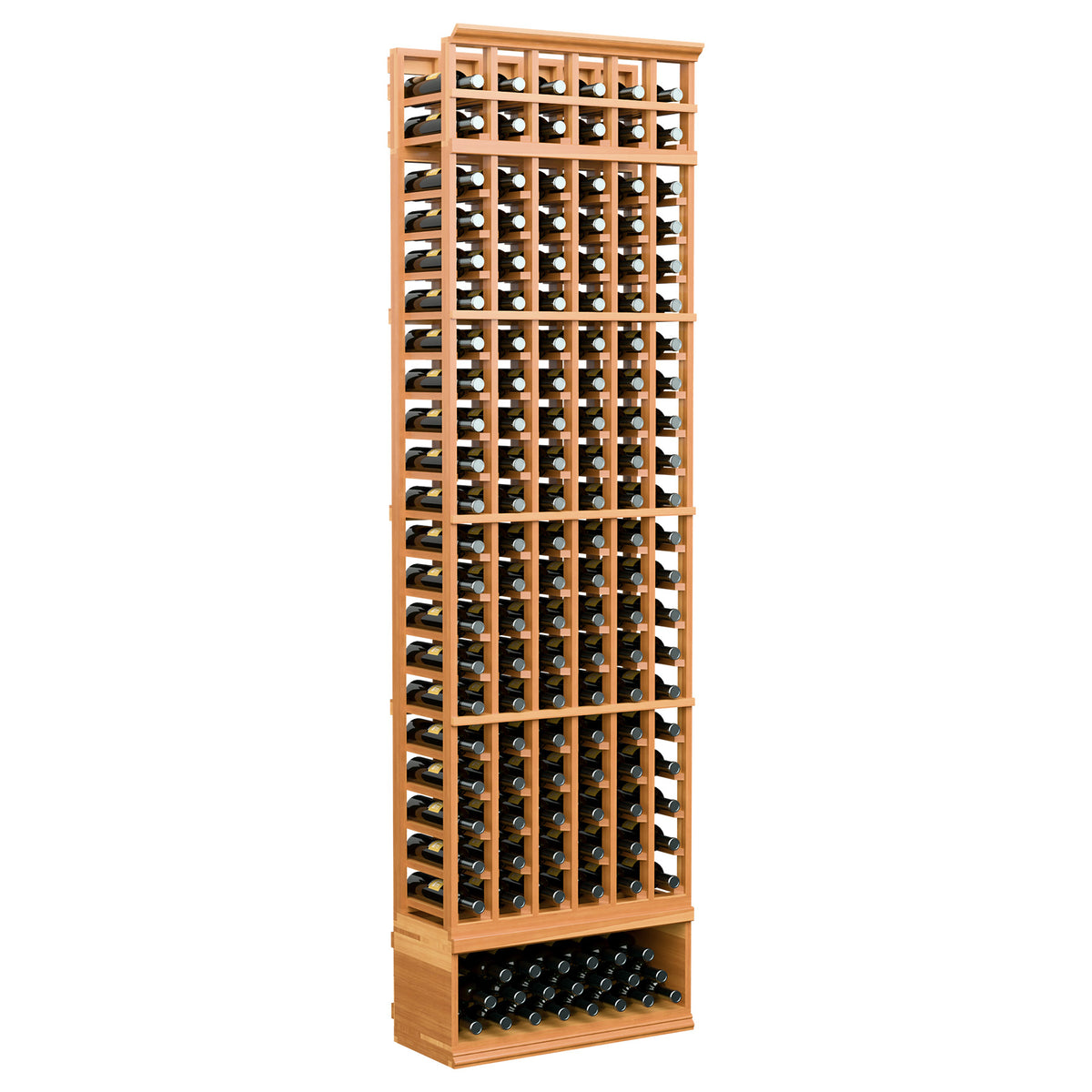 Red-toned wood 6-column wine bottle rack, 8 ft tall, full front view of bottle cubbies.