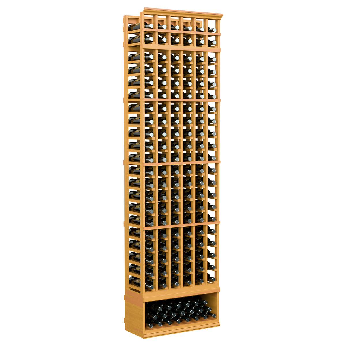Honey wood 6-column wine bottle rack, 8 ft tall, black dividers and bottle slots.