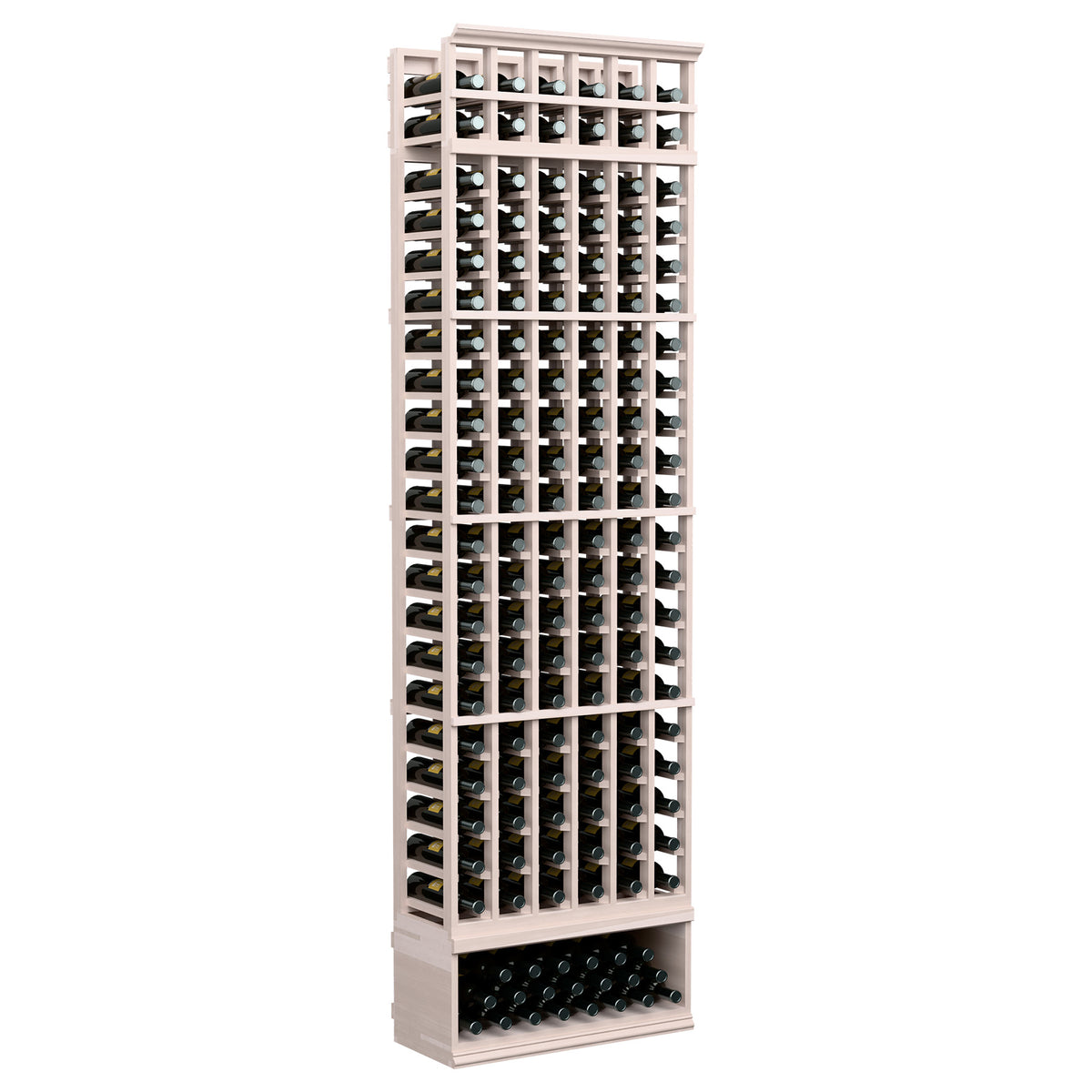Grey-stained wood 6-column wine bottle rack, 8 ft tall, black slats and bottle openings.