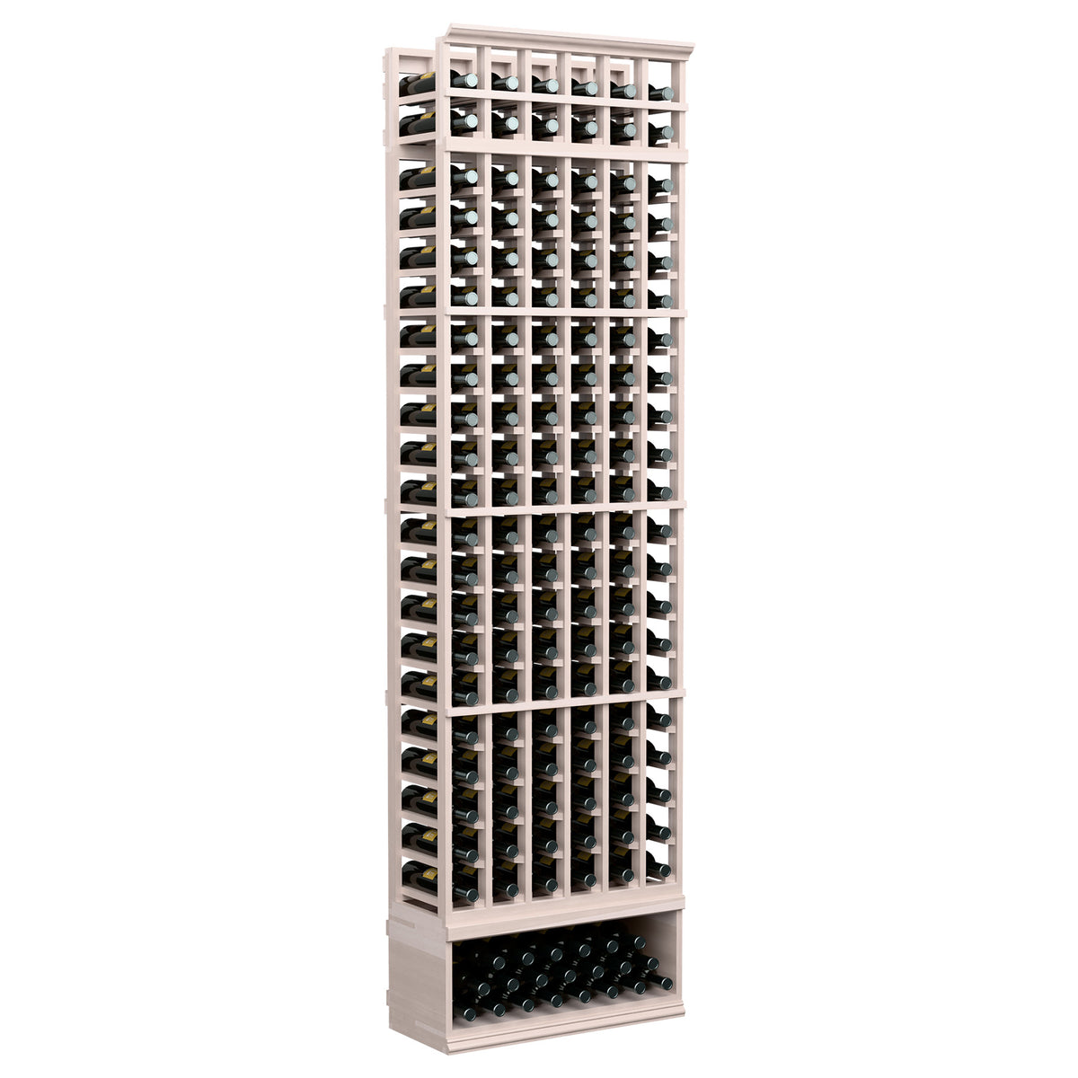 Grey-stained wood 6-column wine bottle rack, 8 ft tall, organized front rows of bottles.