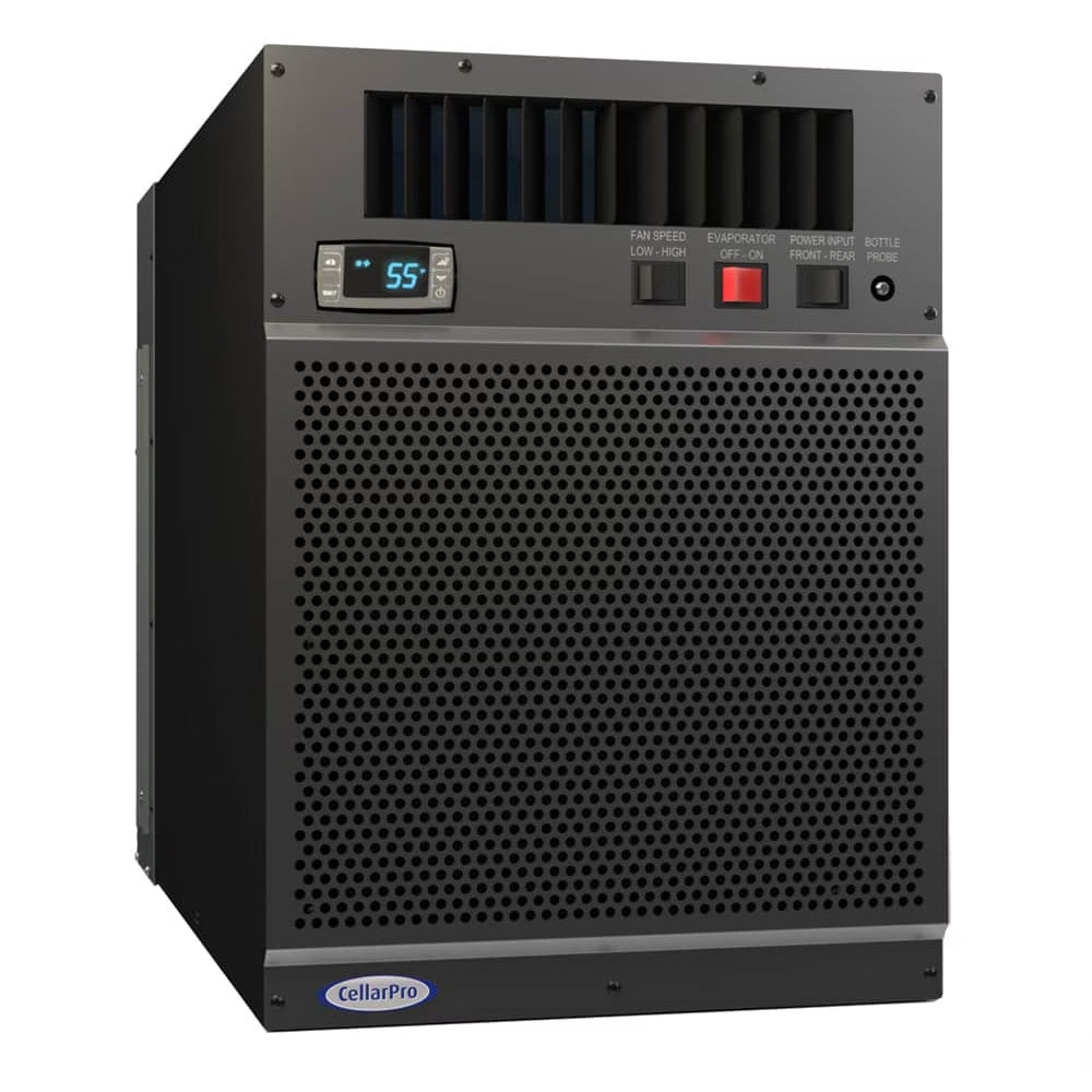 Wine cooling unit with control panel, digital 55°F display, and perforated air grille.
