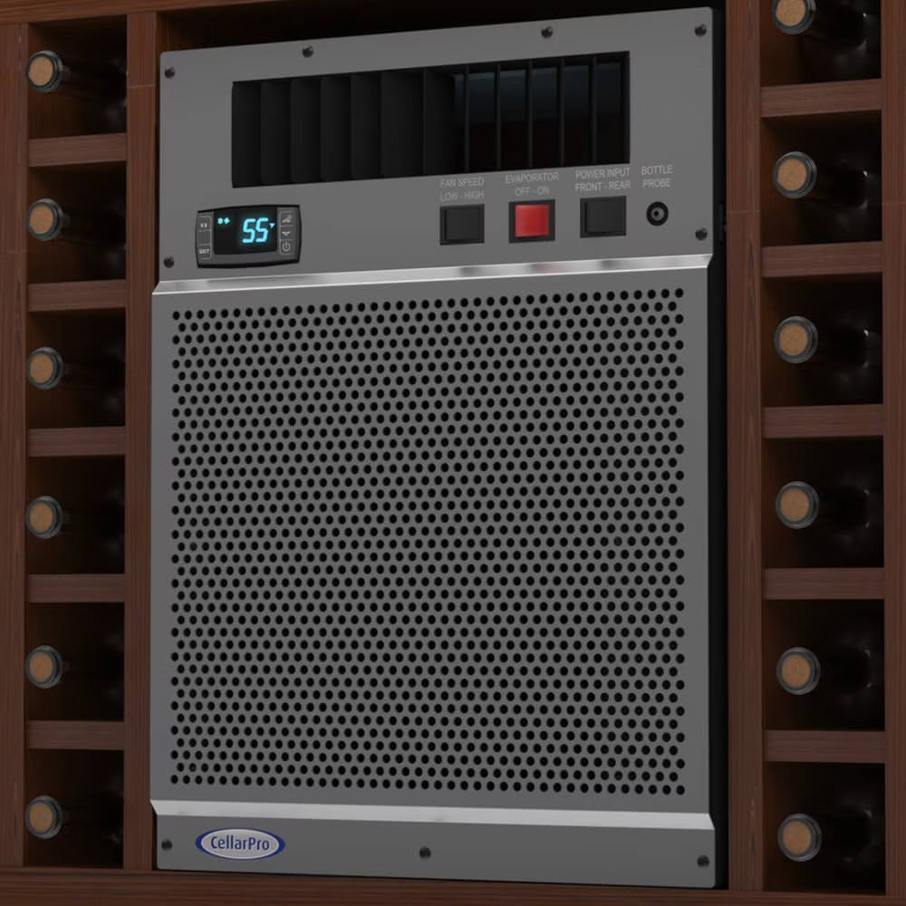 Built-in wine cooling unit with digital display showing 55°F and vent grille.