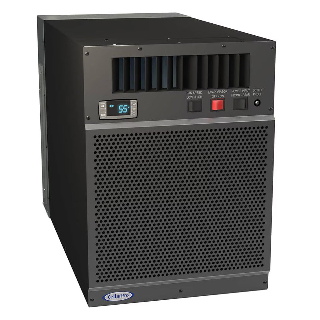 Wine cooling unit housing with digital 55°F display, red button, and vent grille.
