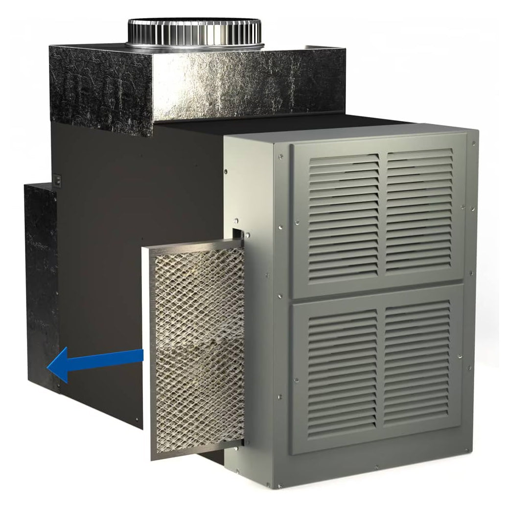 Wine cooling unit duct accessory with open mesh filter panel and air port.