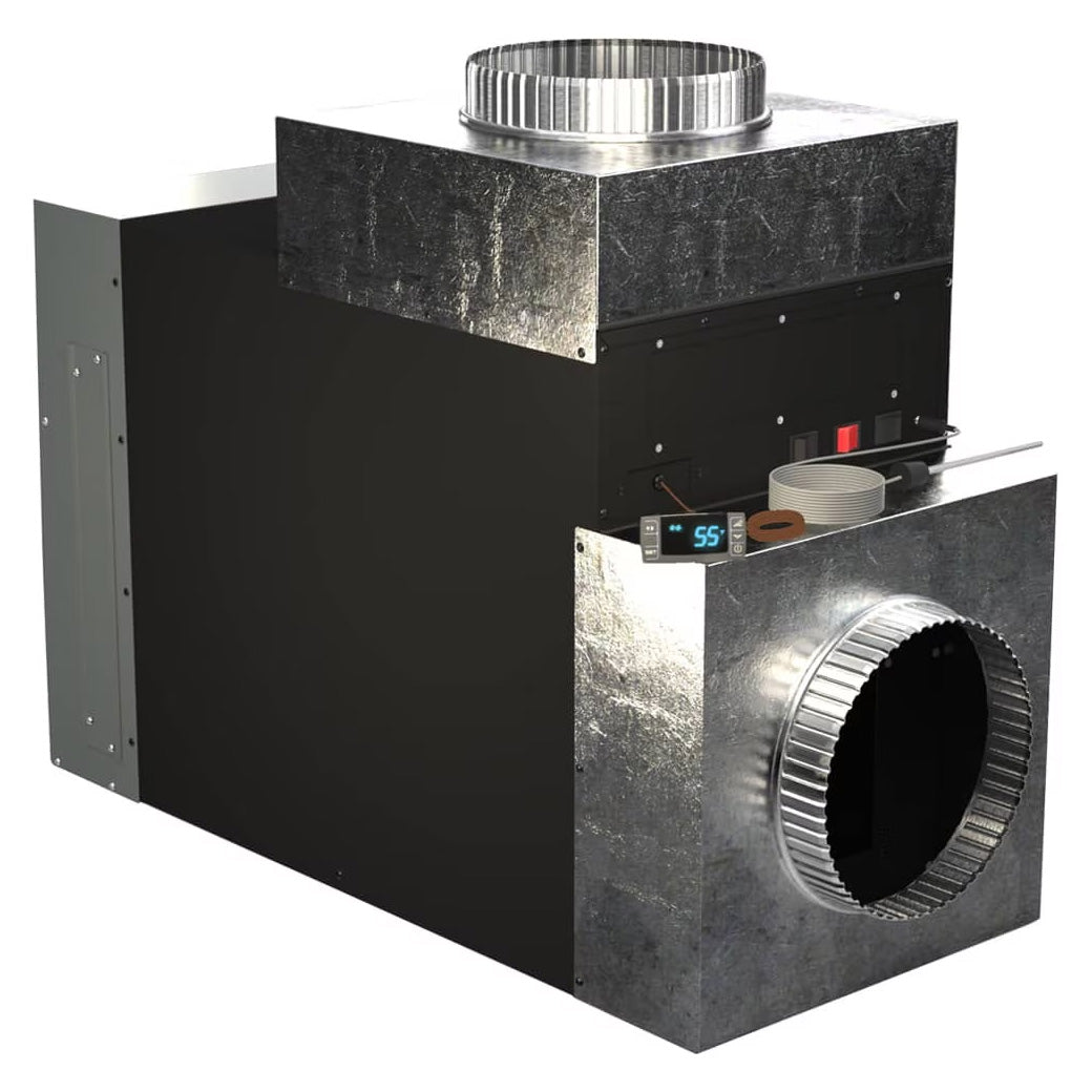 Wine cooling unit with round duct outlet and top ventilation collar on metal housing.