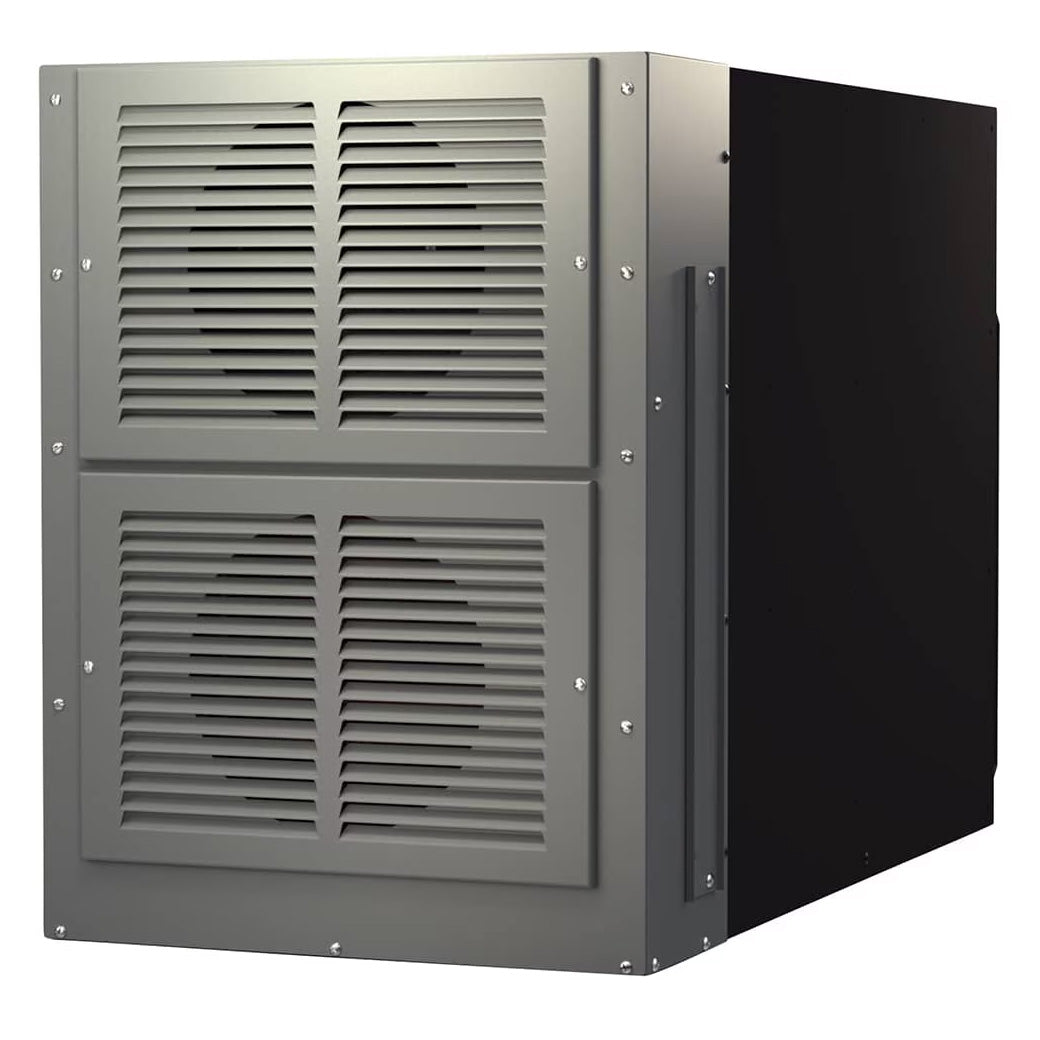 Wine cooling unit with vented grille panels and open side service bay.