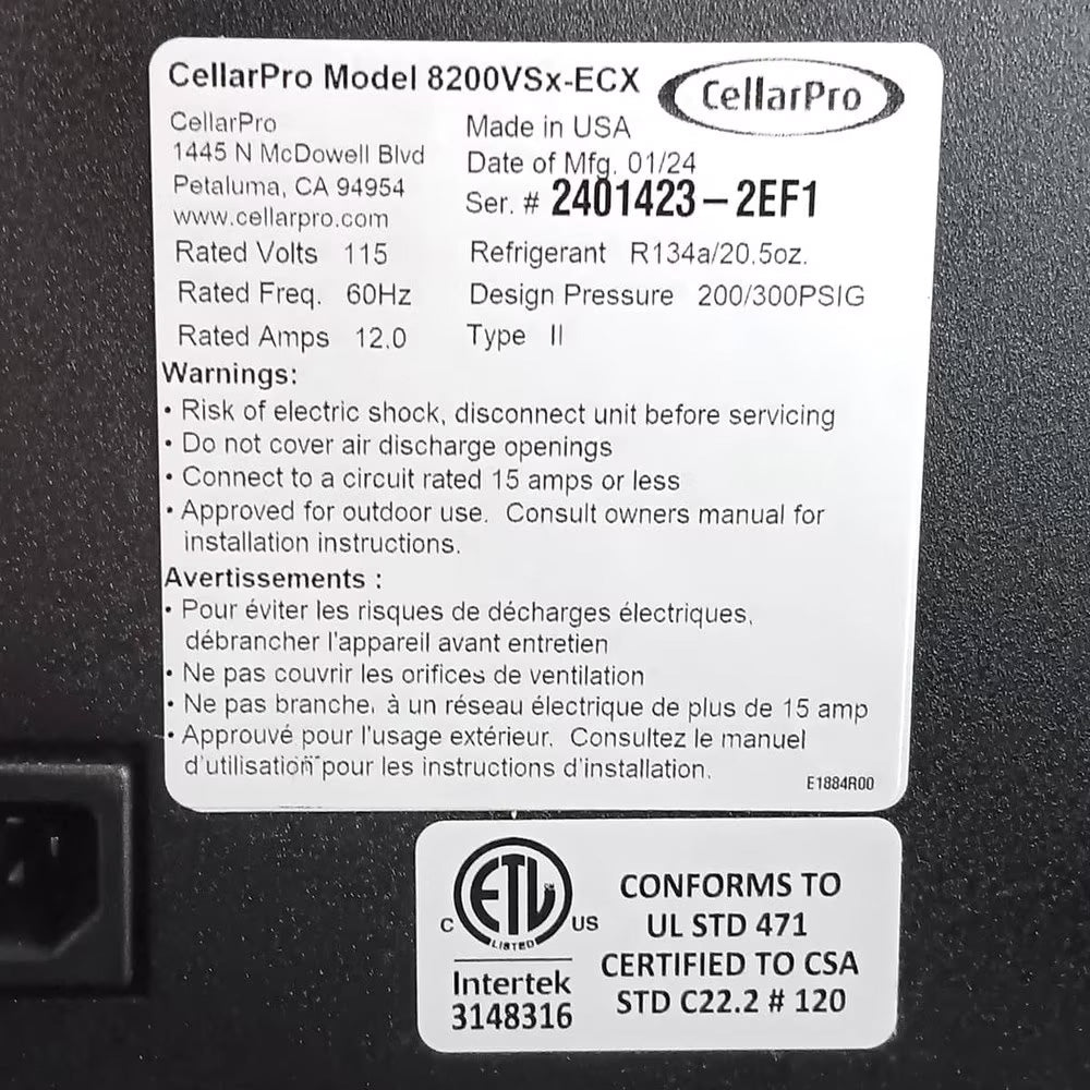 Wine cooling unit data label with model, serial, and electrical ratings information.