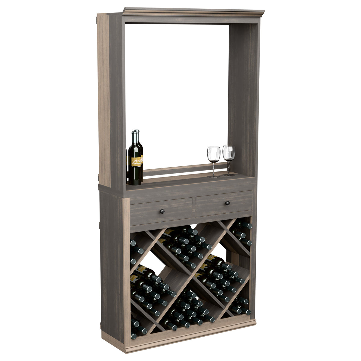 Grey wine tasting station cabinet with top shelf, drawers, and diagonal bottle rack.