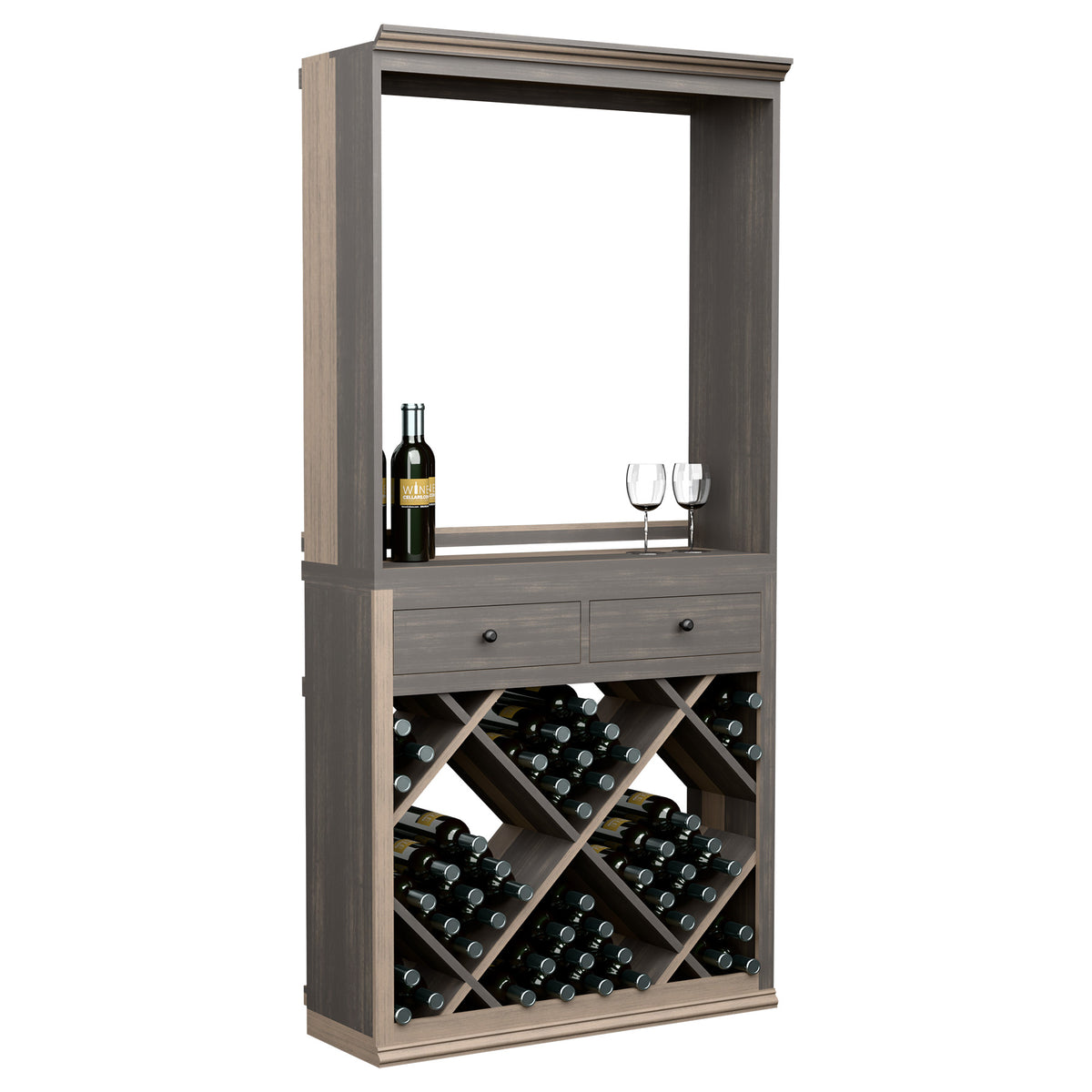Grey bar cabinet with wine bottle storage and two drawers under a display shelf.
