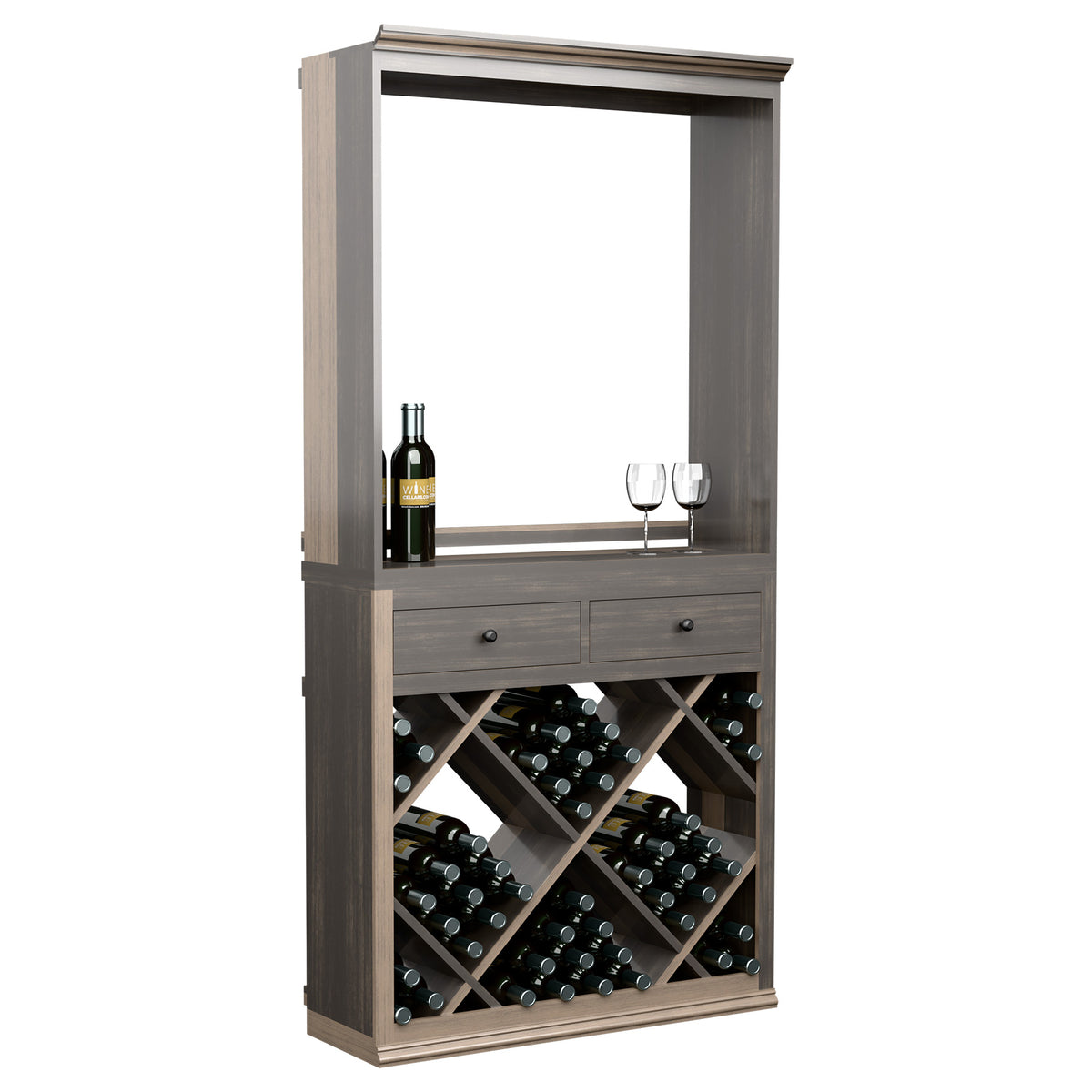 Grey wine bar cabinet with display shelf, two drawers, and crisscross bottle rack.