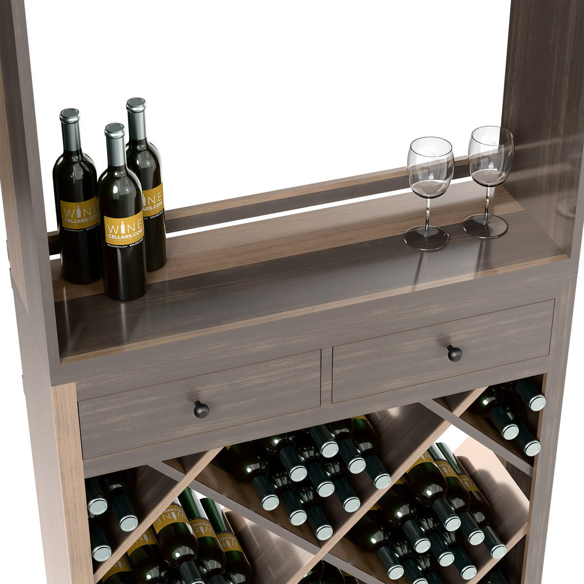 Grey wine cabinet with two drawers and diagonal bottle slots, plus stemmed glasses on top.