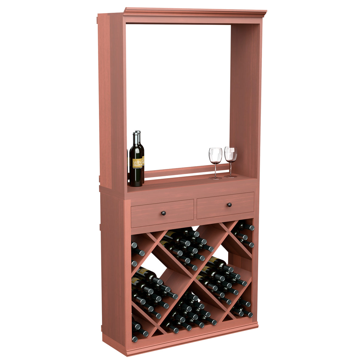 Red wine tasting station cabinet with top shelf, drawers, and crisscross bottle rack.