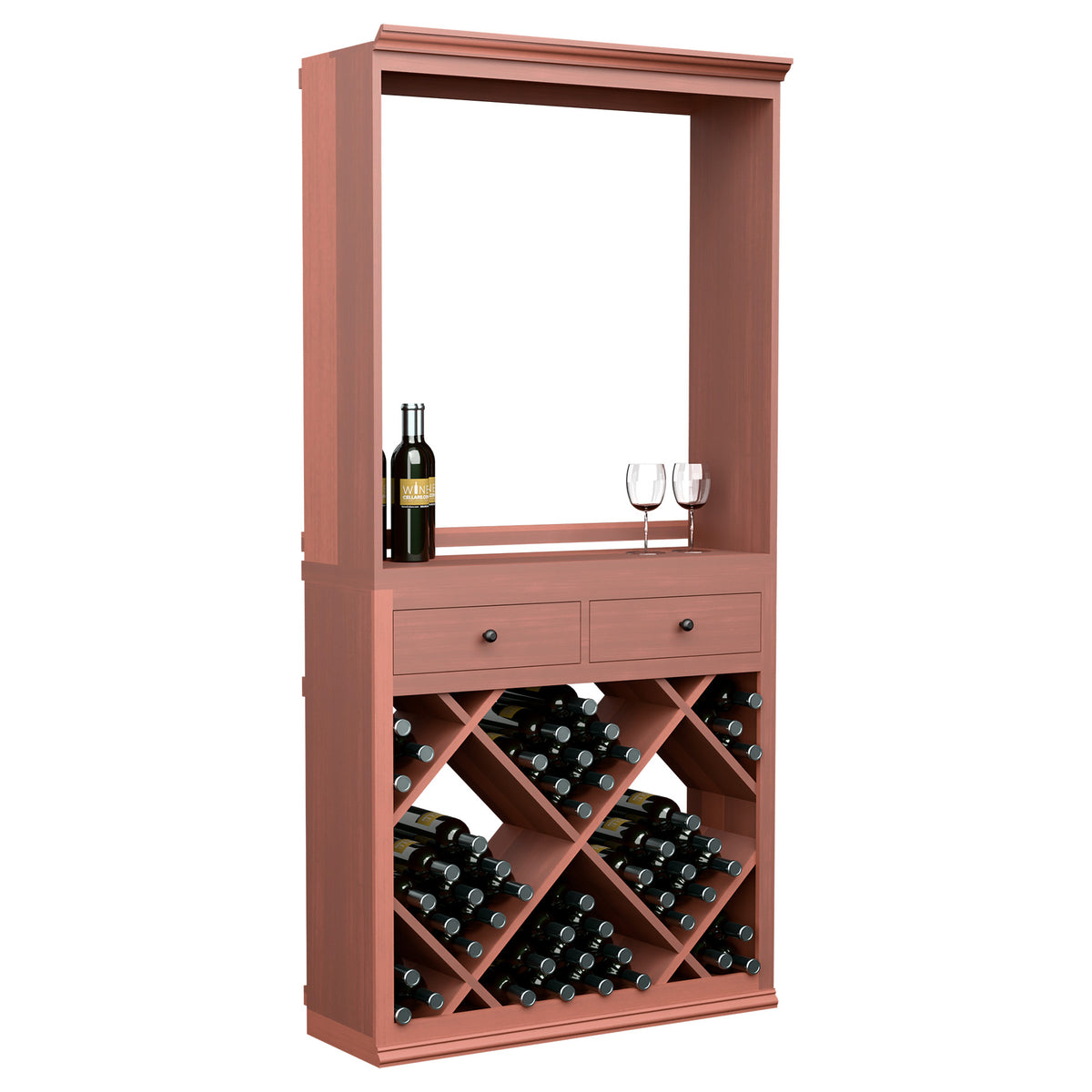 Red wine bar cabinet with display shelf, two drawers, and diagonal bottle storage rack.