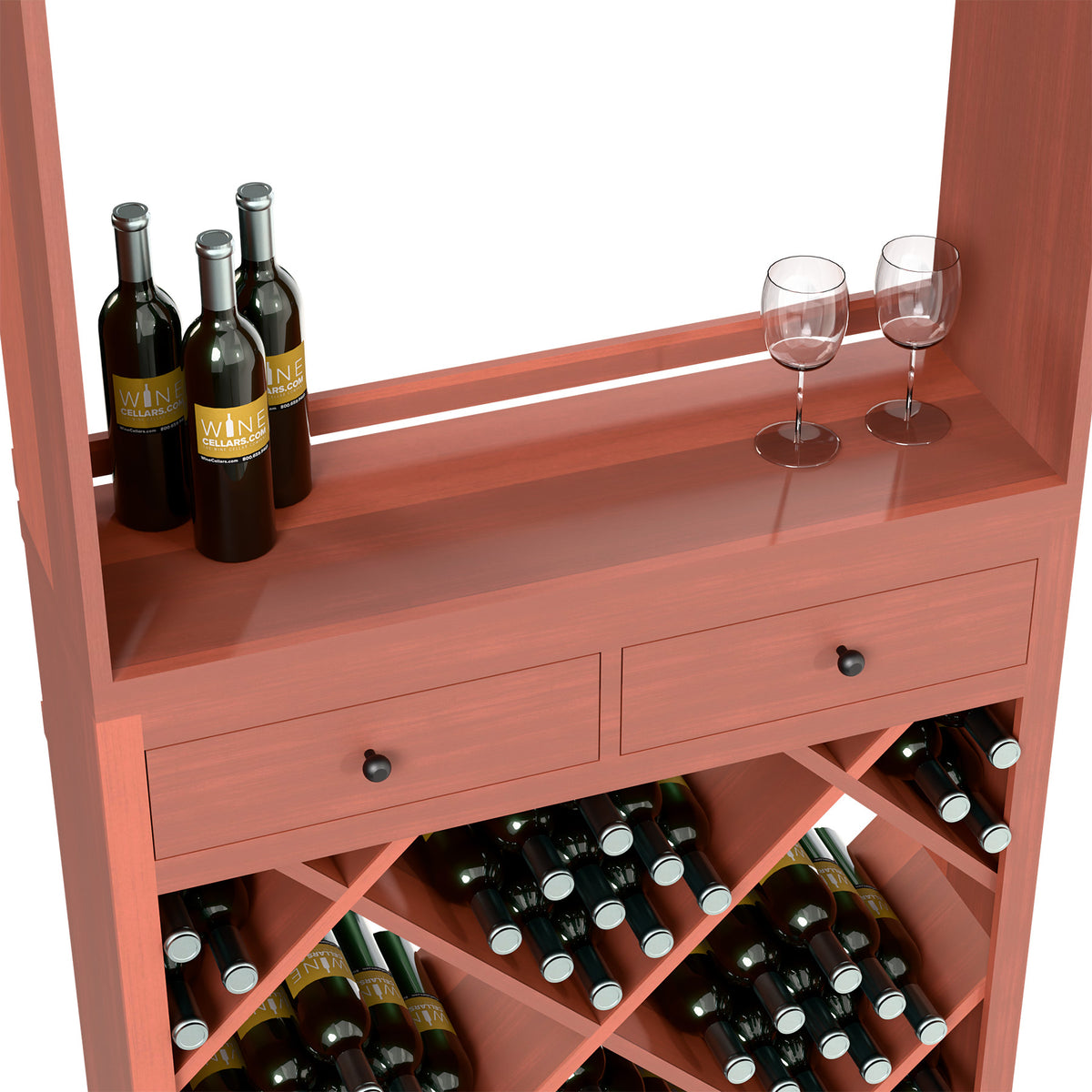 Red wine cabinet with stemmed glasses on top and diagonal wooden cubbies of bottles.