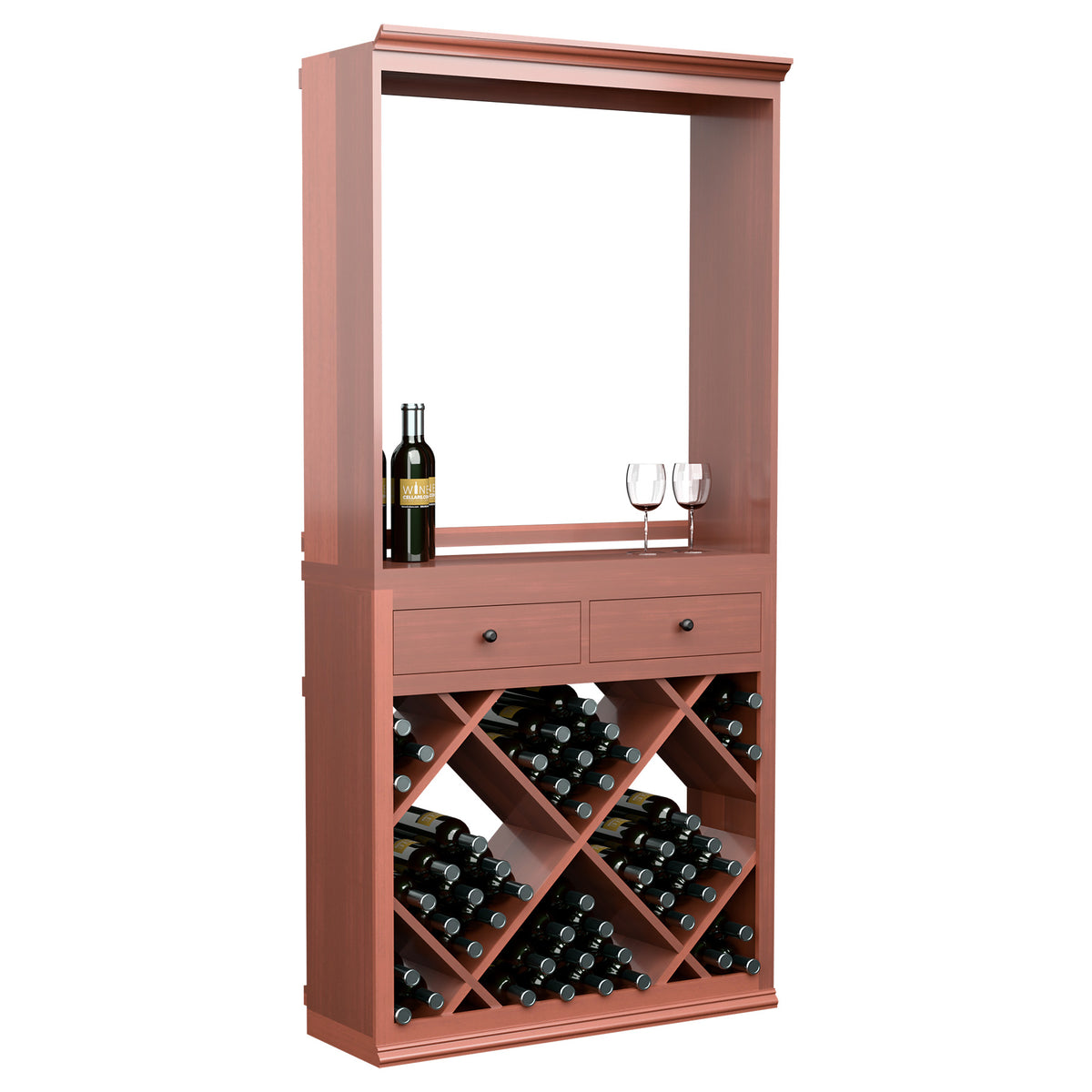 Wood wine tasting station with open front, two drawers, and diamond bottle rack