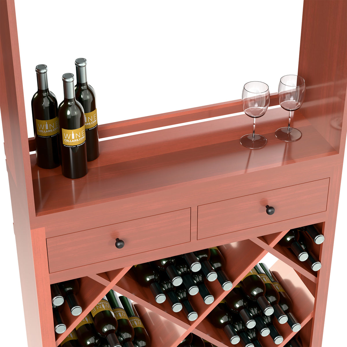 Wine tasting station counter with two drawers and open diamond bottle storage