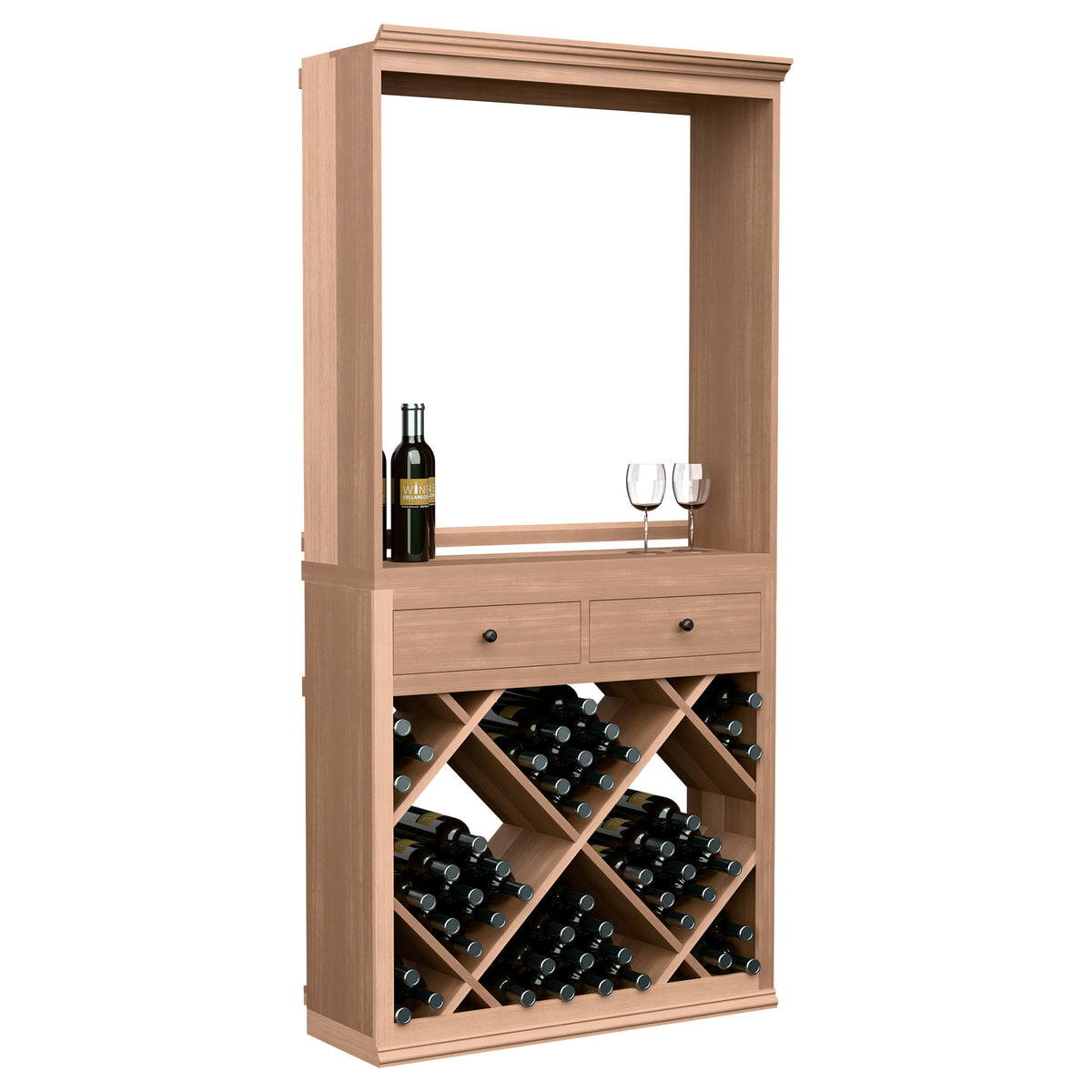 Wood wine tasting station cabinet with open front, two drawers, and diamond wine rack