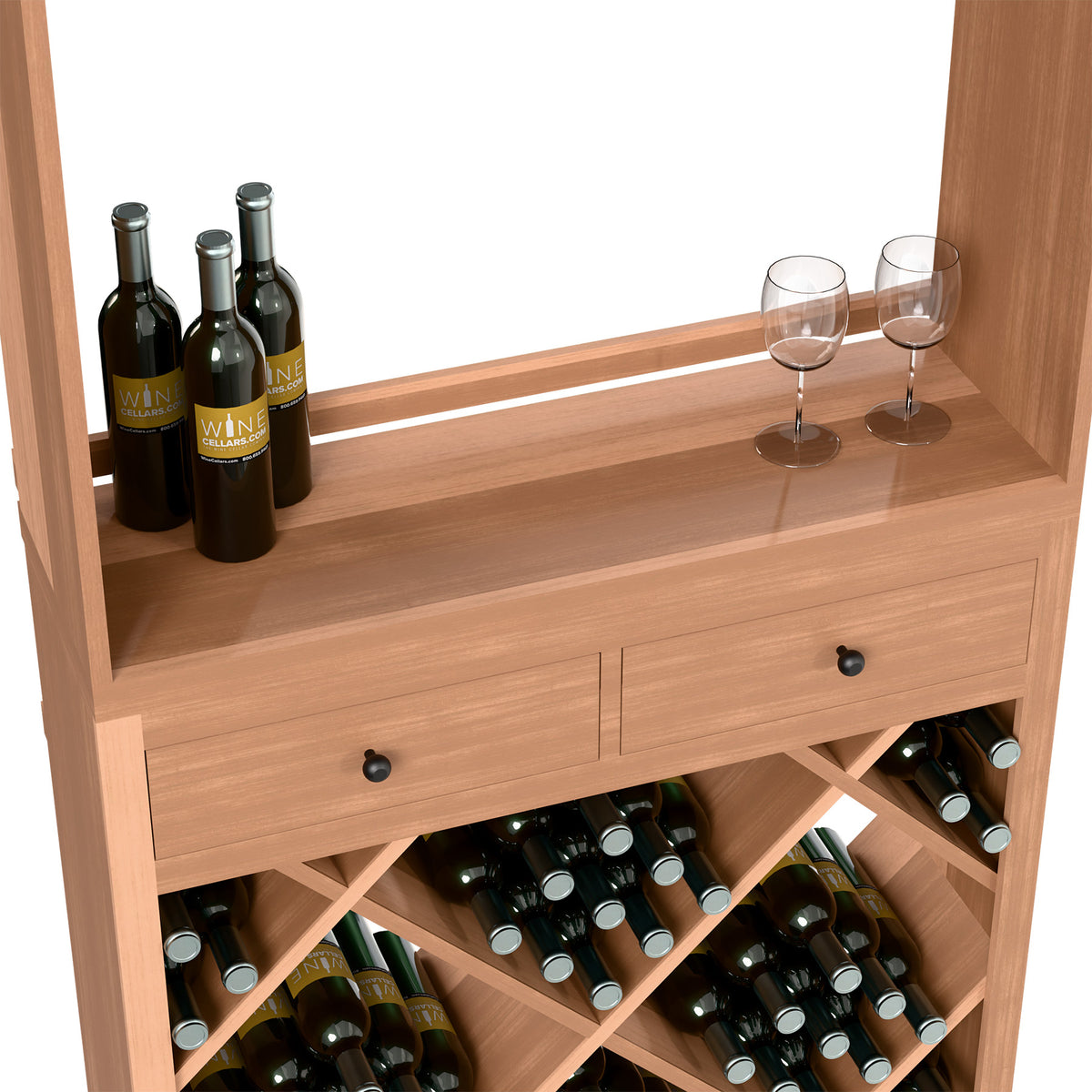 Wood wine tasting station counter with bottles above and diamond bottle rack below