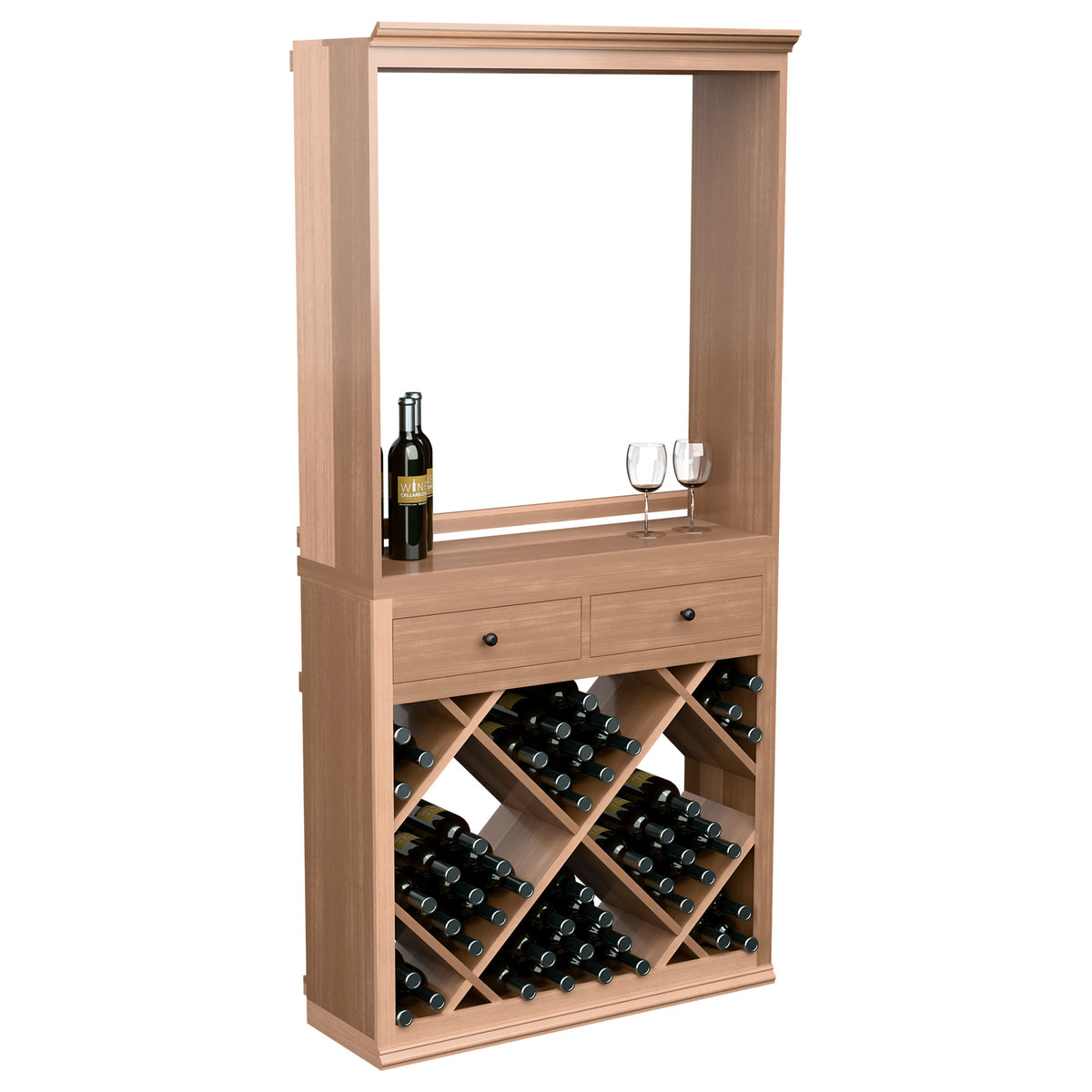 Wood wine tasting station with open frame, two drawers, and diamond bottle bin
