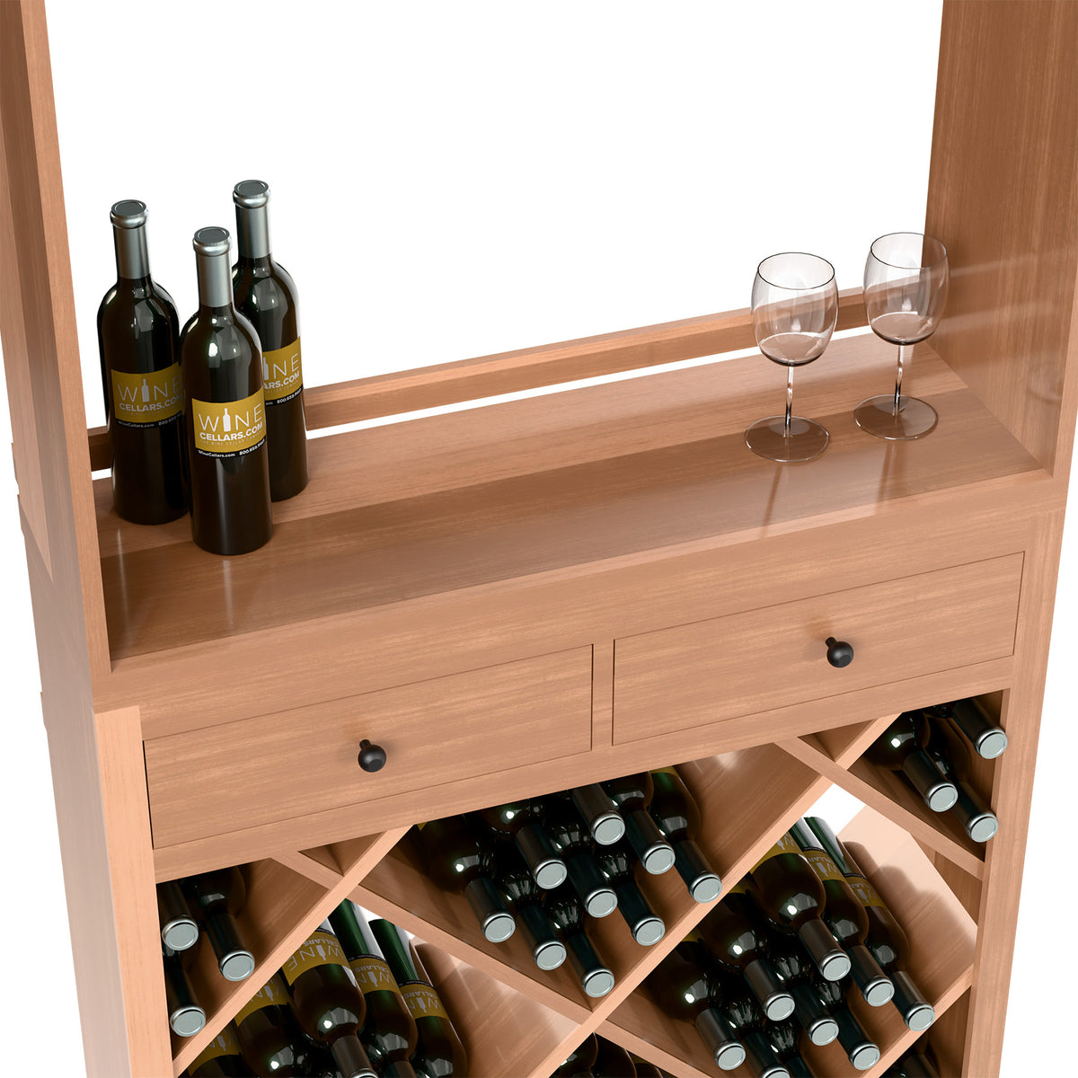 Wine tasting station with two front drawers and open diamond bottle rack storage