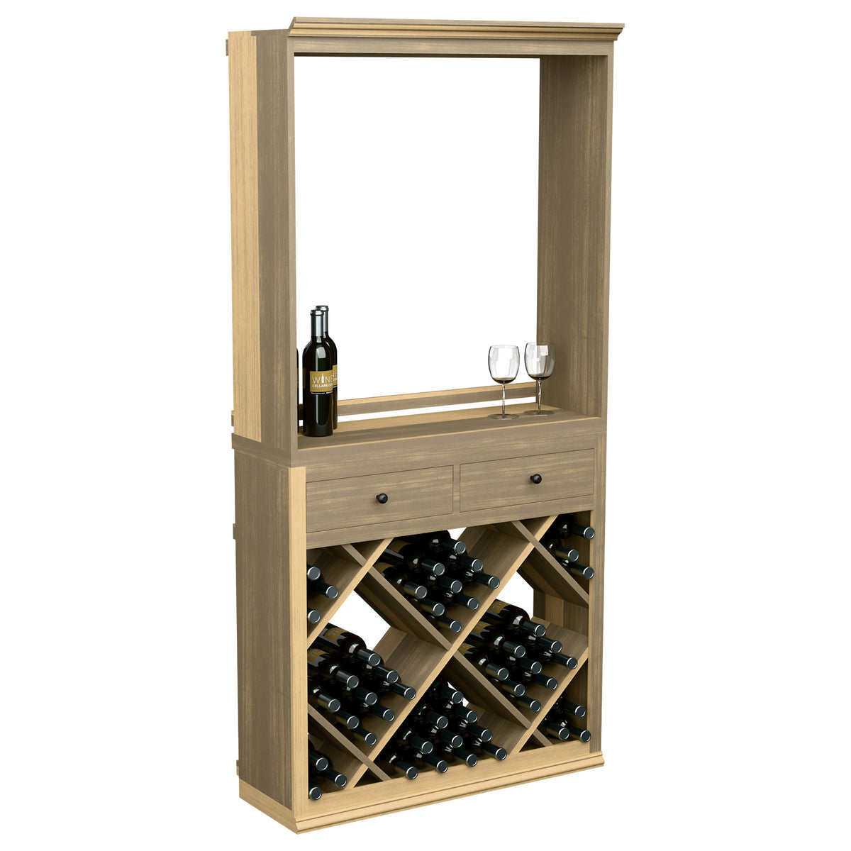Wood wine storage cabinet with open front, two drawers, and diamond bottle compartments