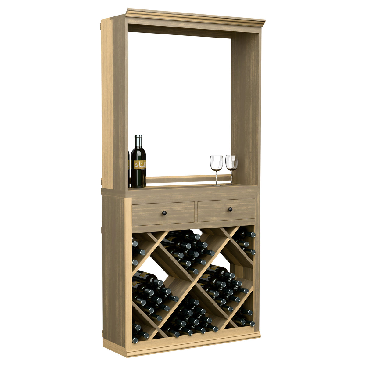 Wood wine tasting station cabinet with open window, two drawers, and diamond wine rack