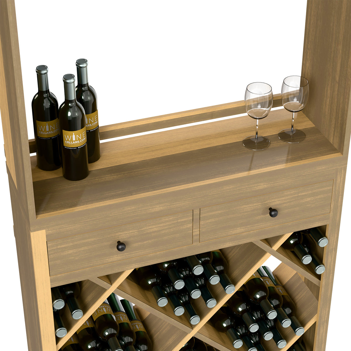 Light wood wine tasting cabinet with drawers, diamond bottle racks, and top wine bottle display