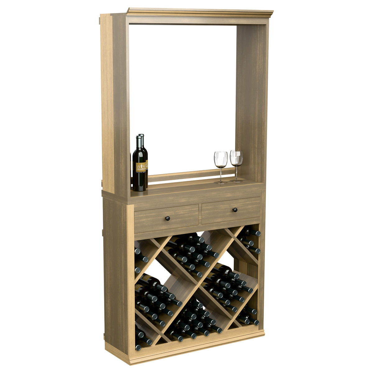 Light wood wine tasting cabinet with open front, glassware, drawers, and diamond bottle storage