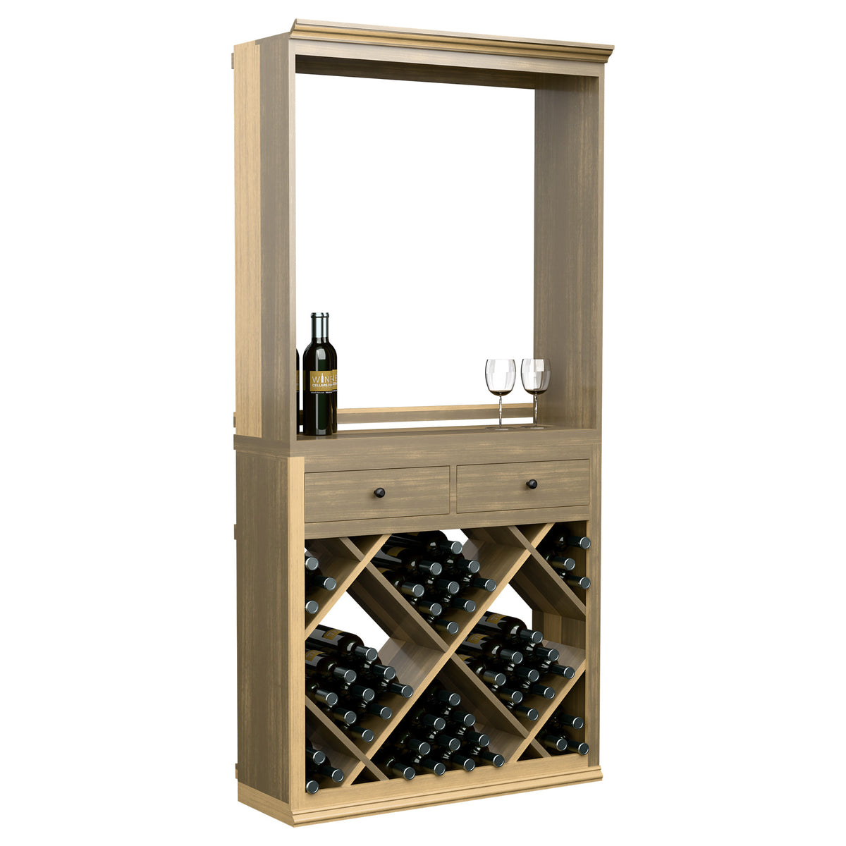 Light wood wine tasting cabinet with bottle rack grid, drawers, and two wine glasses inside
