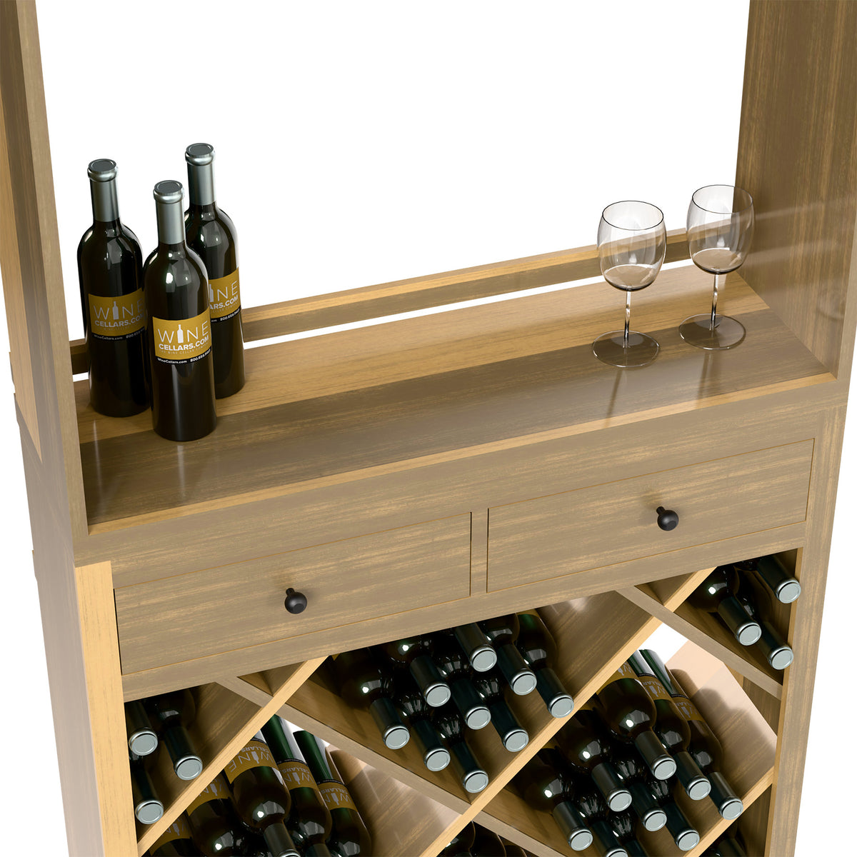 Light wood wine tasting station with top bottles, drawers, and diamond wine bottle organizer