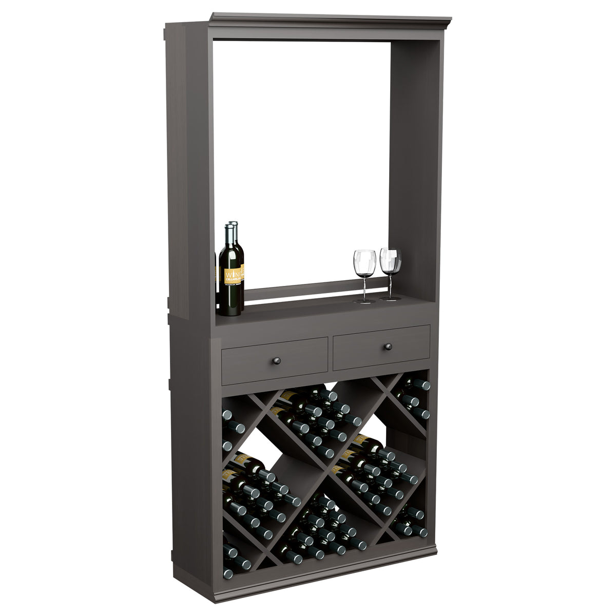 Gray wine tasting cabinet with drawers, diamond bottle racks, and top wine bottle plus glasses